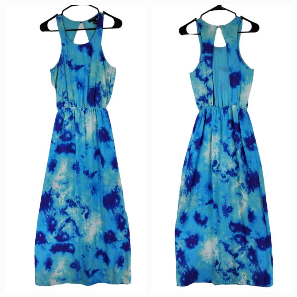 Forever 21 Tie Dye Maxi Dress S‎ Women Blue Crepey Lined Sleeveless Beach